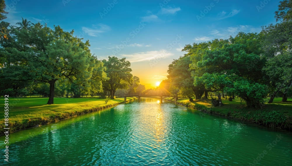 Fototapeta premium Sunlit green river in a natural setting, emphasizing water movement and light reflection