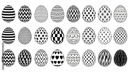 A collection of thirty black and white Easter eggs, each adorned with a unique and intricate geometric pattern, arranged in three rows against a white background.