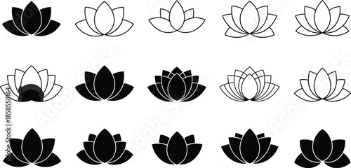 Black and White Lotus Flower Icon Set Featuring Minimalist Floral Designs for Yoga Meditation Wellness Spa Zen Spiritual and Beauty Branding