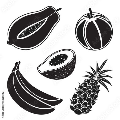 Black and white tropical fruits illustration