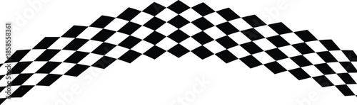 Curved checkered racing flag banner with black and white diamond pattern isolated on white background for automotive sports and finish line.