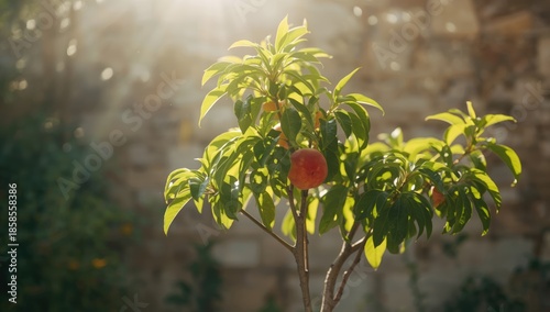 Young peach tree with a sizable fruit, designed for UI backdrop or editorial header, Earth Day