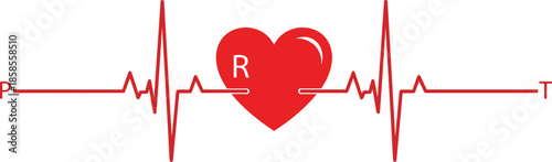 Red Heart Pulse Line Vector Illustration Featuring ECG Electrocardiogram Rhythm Heartbeat Monitoring Medical Healthcare Cardiology Diagnostic Scientific Data and Vital Sign Symbols