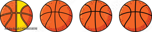 Row of four basketballs with one yellow panel highlighting unique concept individuality standout sports equipment design on white background isolated