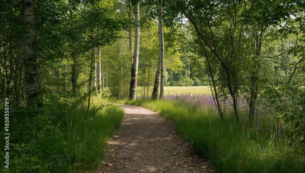 Fototapeta premium Birch grove with a footpath, serving as a background for layout or editorial headers