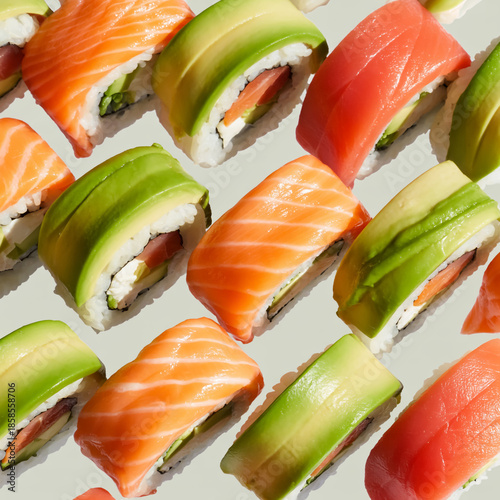 Premium sushi platter featuring salmon nigiri and avocado rolls on pure white backdrop, hyper-realistic textures, vibrant natural color, soft studio light, ultra-high-resolution.