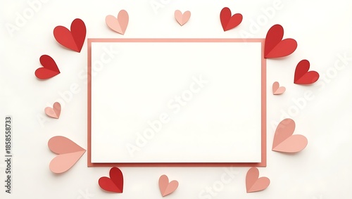Blank card surrounded by red and pink paper hearts for valentine's day