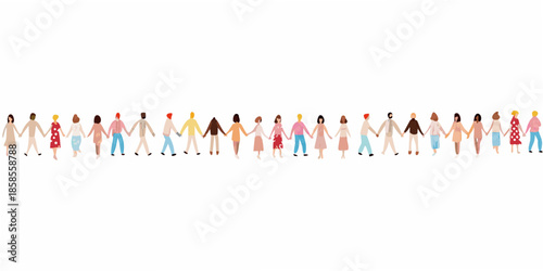 A diverse group of people holding hands in a long line