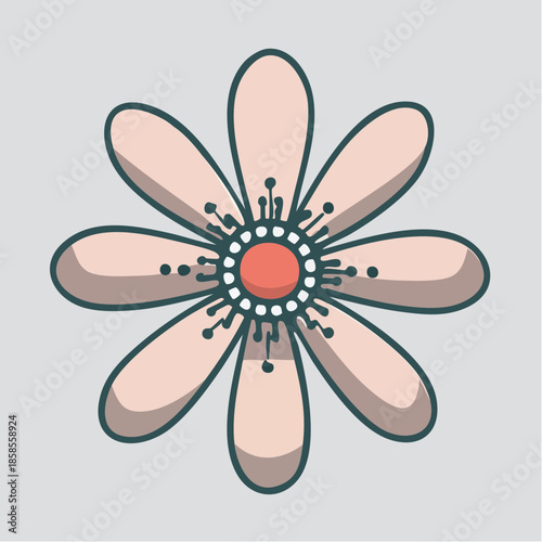 Illustration of a stylized flower with pink petals and a red center on a gray background.