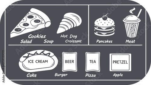 Collection of Hand Drawn Food Icons and Labels on Dark Background pizza slice
