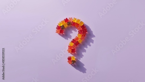 Colorful gummy bears forming a question mark on a lilac surface, ideal for confectionery product design
