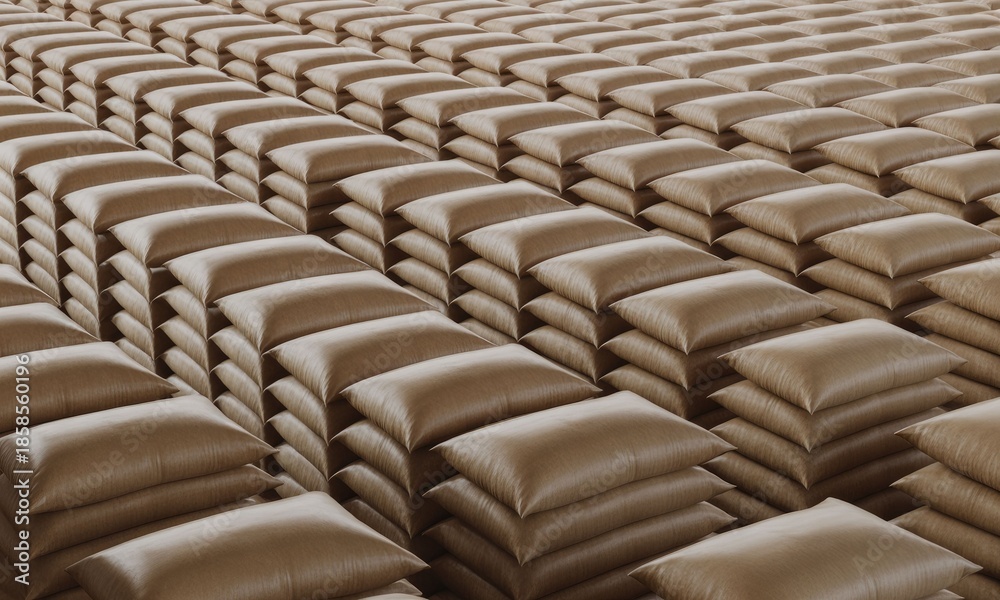Fototapeta premium A vast arrangement of stacked rectangular sacks, in a repeating pattern