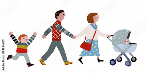 A family of four walking together parents a young boy and a baby