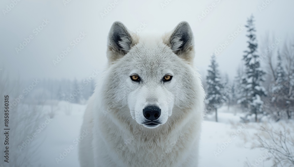 Obraz premium White Arctic wolf with focused stare, highlighting wildlife awareness in cold tundra setting