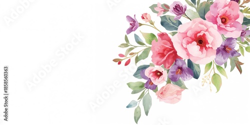 High-quality watercolor illustration of pink violet flowers arranged in a corner bouquet for decorative use