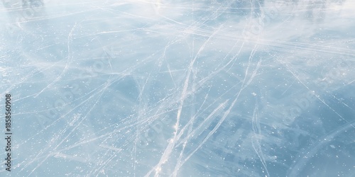 Ice skating rink with ice debris and blade grooves, ideal for safety inspection background