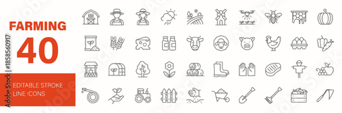 Farming Thin Line Icons Set with Agriculture Tools Livestock and Crops Production for Organic Food and Local Farm Product is Exactly 200