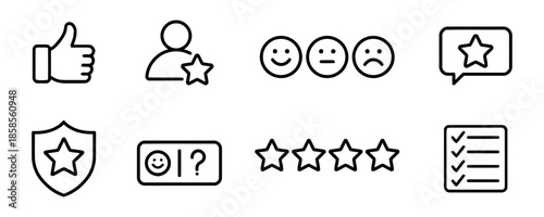 Feedback Line Icon Set Consisting Like Thumb Up and User Review Including Happy Neutral and Sad Facial Expression of Service Satisfaction Assessment of Customer Support
