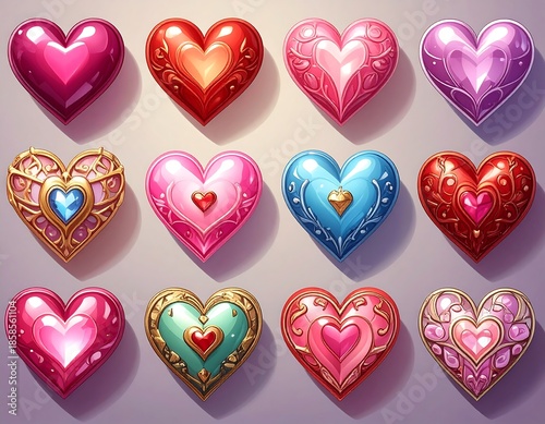 Twelve colorful, glossy, ornate heart shapes arranged in rows on a light purple background, evoking love