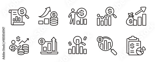 Financial analysis line icons set showcasing data, charts, and graphs used for market research, investment strategies, and business reporting with dollar signs