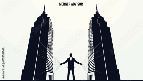 Businessman merging companies in modern cityscape