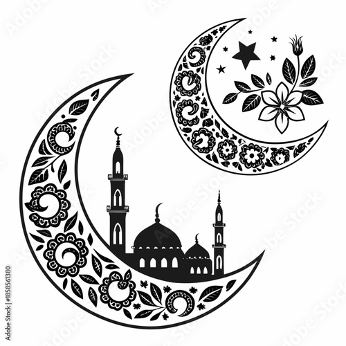 Illustrative crescent moons with islamic architecture