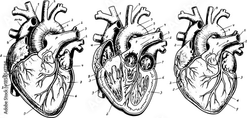  Sketch set of an isolated human heart. Anatomically correct heart with venous system