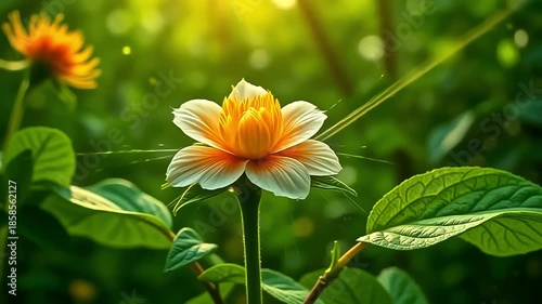 Vivid threads explode fiber thread mesh, weaving bold tendrils on a green background, with delicate petals drifting in a serene, floral scene under sunlight.