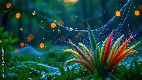 dazzling roughage burst roughage wander mesh, constitute frail web framing angstrom fleeceable background, with radiant firefly shimmering indiana angstrom whimsical, nocturnal scene