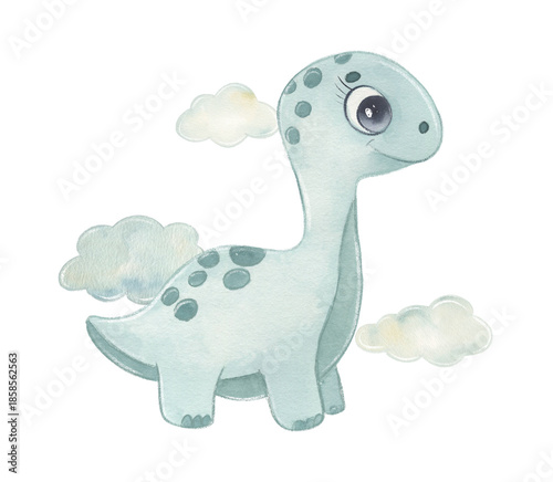 Cute watercolor illustration of a dinosaur isolated on white. Perfect for kids' designs, prints, and more.