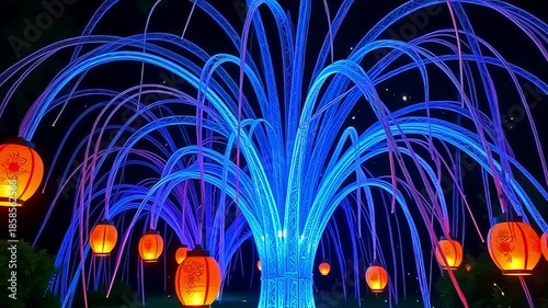 Neon strands explode fiber thread mesh, blending into radiant patterns on a green background, with glowing lanterns floating in a mystical, dreamy display at night.