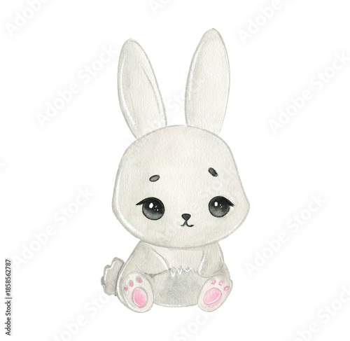 Cute bunny sitting on white background in watercolor style