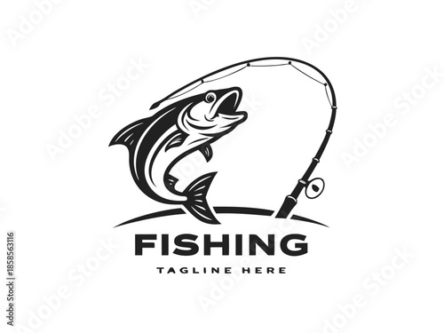 Dynamic Fishing Logo with Leaping Fish and Curved Rod jumping