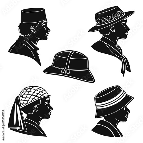 Silhouettes of people wearing hats