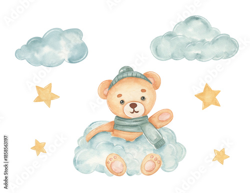 Cute bear sits on cloud in watercolor art piece