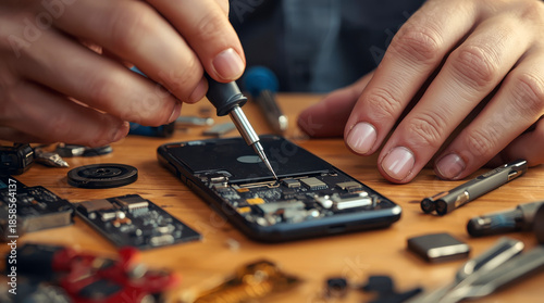 Hands Repairing Smartphone on Wooden Workbench with Tools