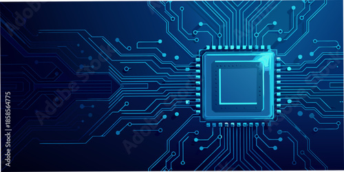 Abstract digital circuit board with central microchip and glowing blue lines