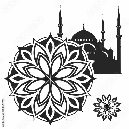 Silhouette of a famous mosque with floral designs