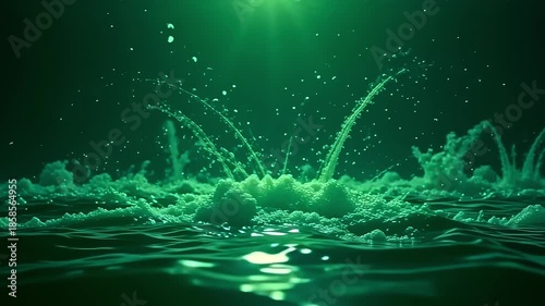 Radiant threads explode fiber thread mesh, forming dynamic tendrils on a green background, with soft ripples flowing in a tranquil, aquatic atmosphere under moonlight.