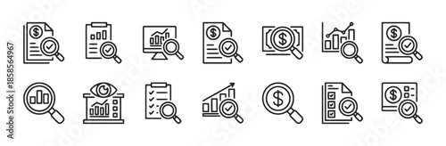 Financial Audit Icon Set Collection of Business Audit Symbols for Finance and Accounting in Line Art Style Isolated on White Background Flat Vector Illustration 200 Characters