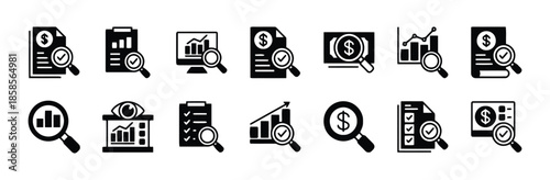 Financial Audit with Magnifying Glass in Silhouette Style Exactly 200 Characters Documents Finance Data Analysis Check Report Search Accounting Bookkeeping Income