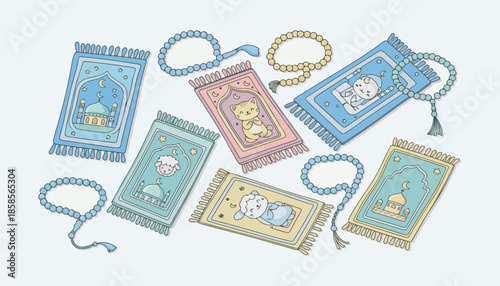 Vector image of cute Islamic ornaments of prayer mats and prayer beads