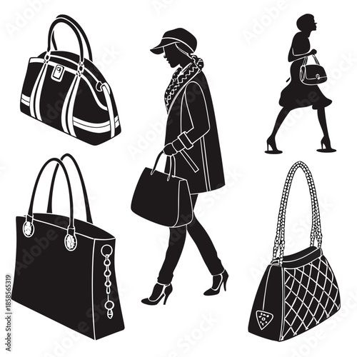 Fashionable handbags and women silhouettes
