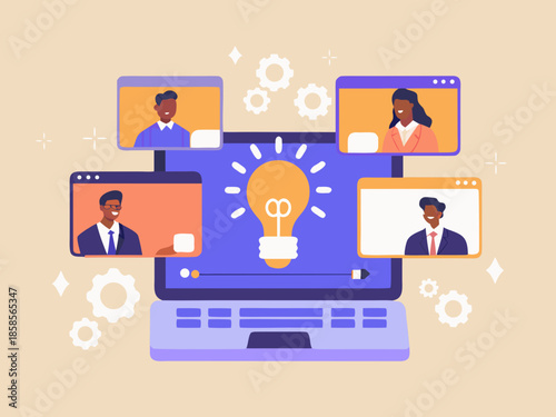 Virtual meeting with diverse participants and a central idea illustration