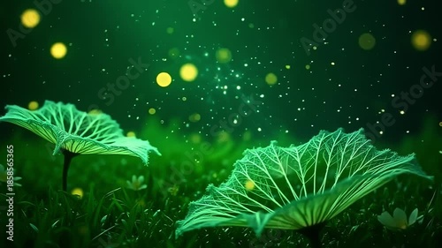 Bright strands explode fiber thread mesh, spiraling into radiant designs on a green background, with delicate petals drifting in a serene, floral scene at twilight.