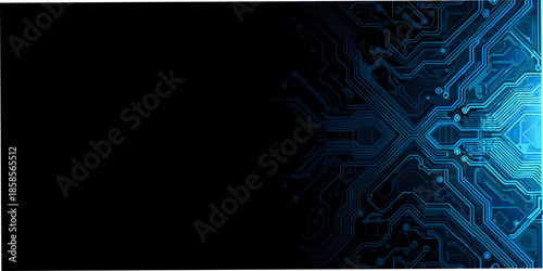 Abstract digital circuit board pattern with glowing blue lines on black background