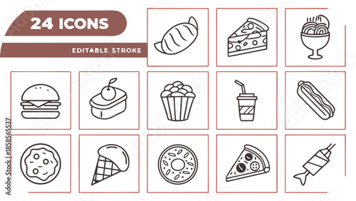 Food Icons Including Burgers Pizza Croissants Hot Dogs and Donuts hamburger slice