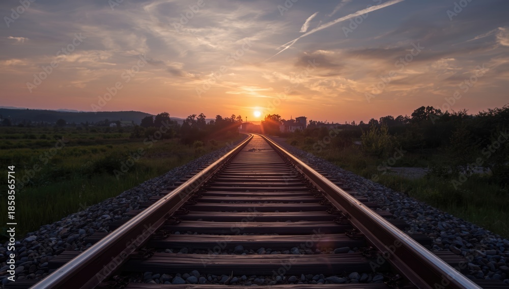 Fototapeta premium Railway tracks during dusk with fading sunlight, suitable for editorial header background, Earth Day