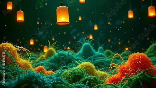 Vivid threads explode fiber thread mesh, blending into abstract shapes on a green background, with glowing lanterns floating in a mystical, dreamy display at night.