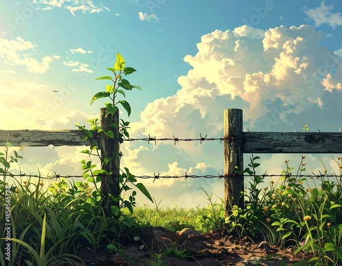 Sunny scene with weathered fence, vibrant greenery, and puffy clouds against a bright blue sky